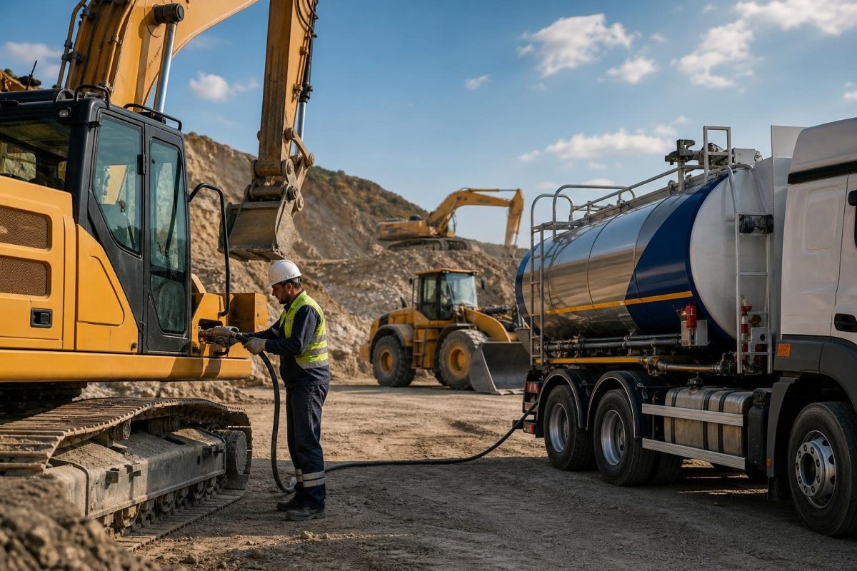 Şantiyedeki iş makinelerine tankerle motorin teslimatı