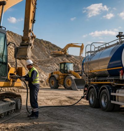 Şantiyedeki iş makinelerine tankerle motorin teslimatı